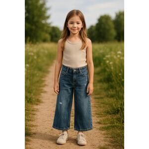 Zara Girls Wide Leg Cropped Distressed Jeans Medium Wash Size 10 (140cm)